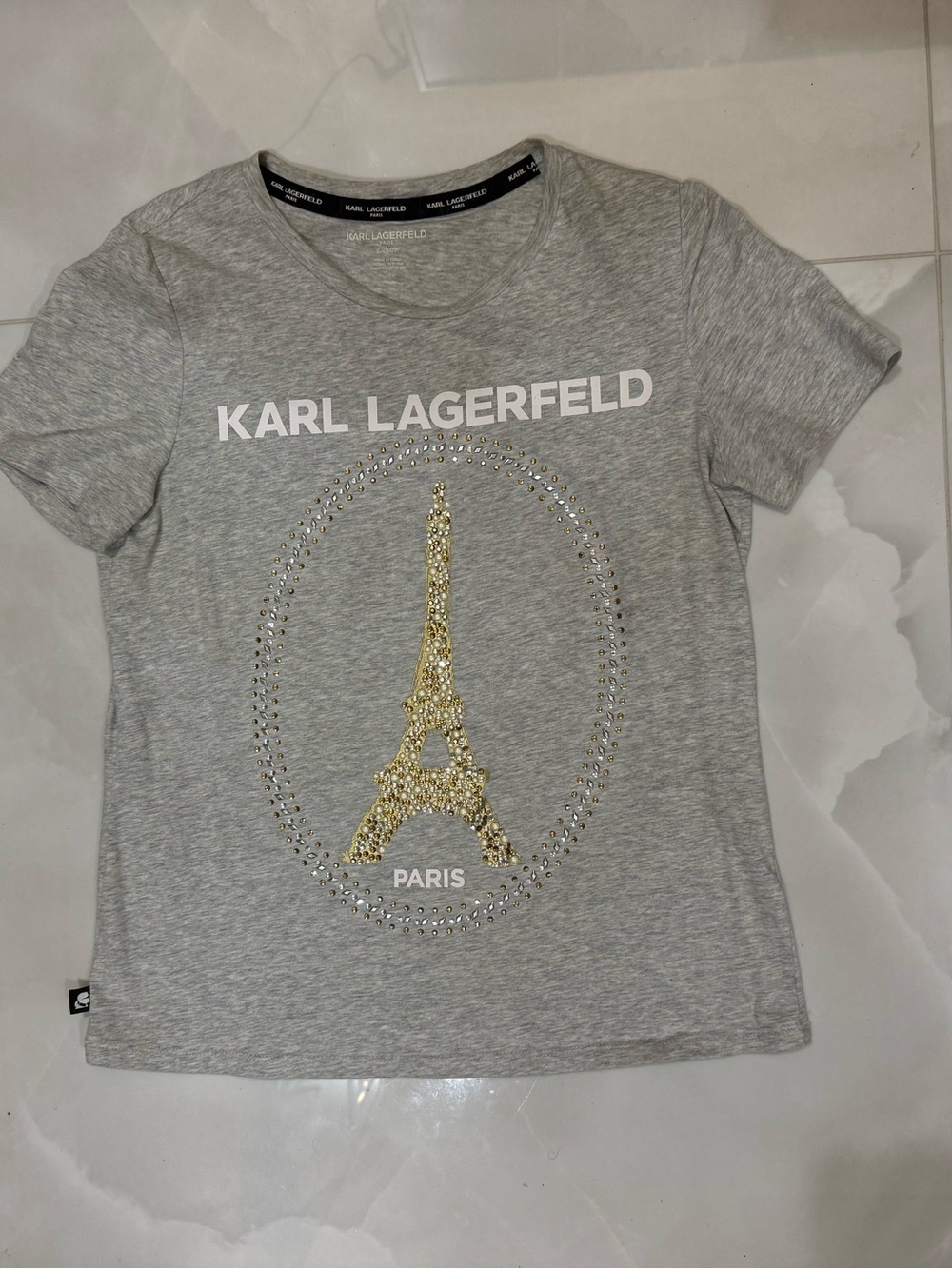 Karl Lagerfeld Gray Tee with Gold Eiffel Tower Design